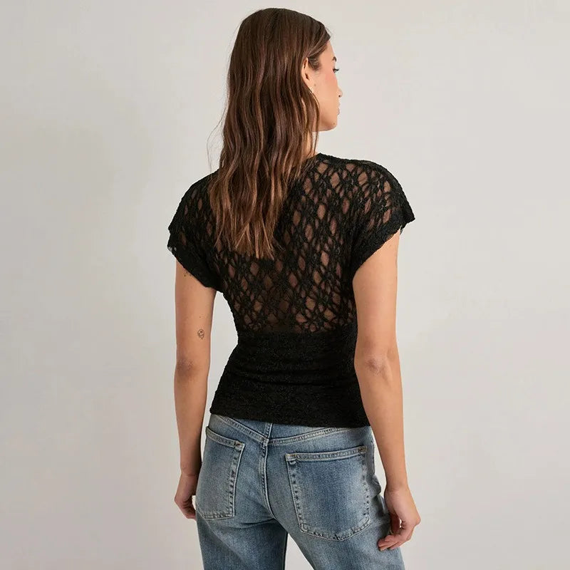 Black Lace Sheer V Neck Crop Top with Short Cap Sleeves Sexy T Shirts Fashion 2026 Woman Clothing