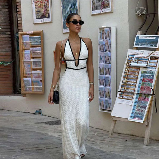 Lace Up Halterneck Backless Long Dresses Sexy Elegant Vacation Outfit Hollow Knitted White Dresses Woman 2024