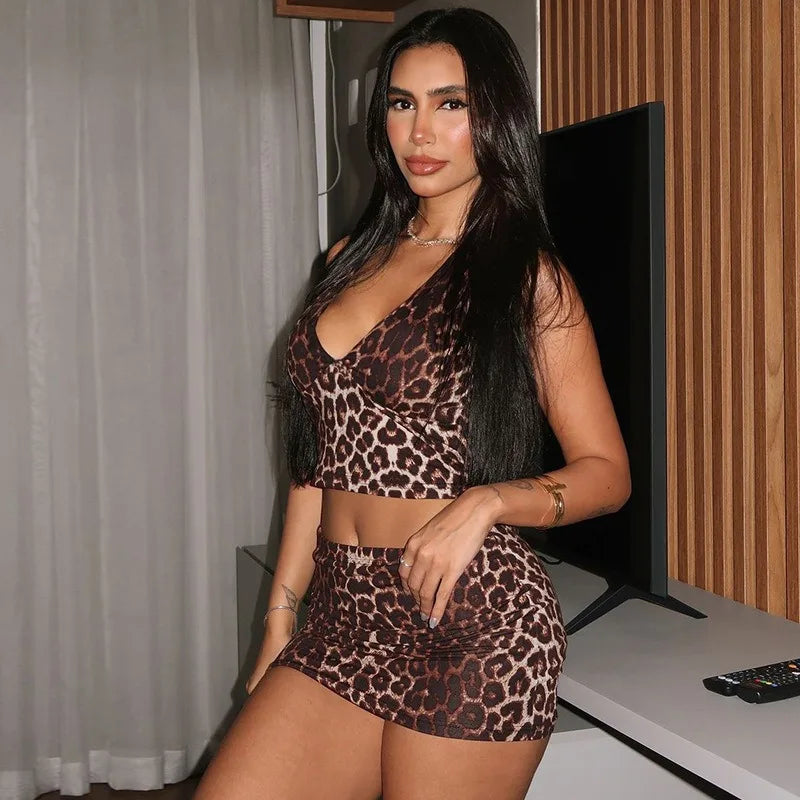 Leopard Print 2 Piece Set Deep V Halter Crop Top and Mini Skirts Matching Sets Sexy Club Outfits Woman