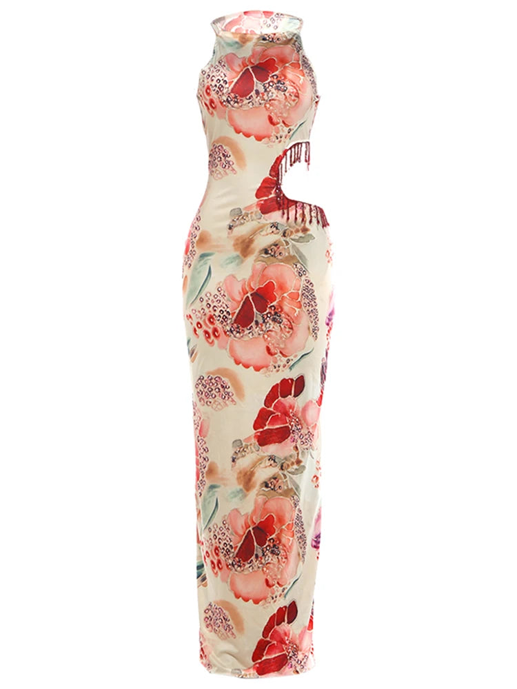 Sexy Hollow Tassel Decoration Dress Woman Colorful Print o-Neck Sleeveless Summer Vacation Elegant Style Long Bodycon