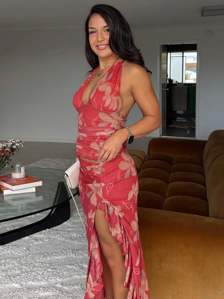 Halter Deep V Neck Ruffled Sexy Maxi Dress For Women Fashion Sleeveless Backless High Waist Bodycon Club Printed Dress