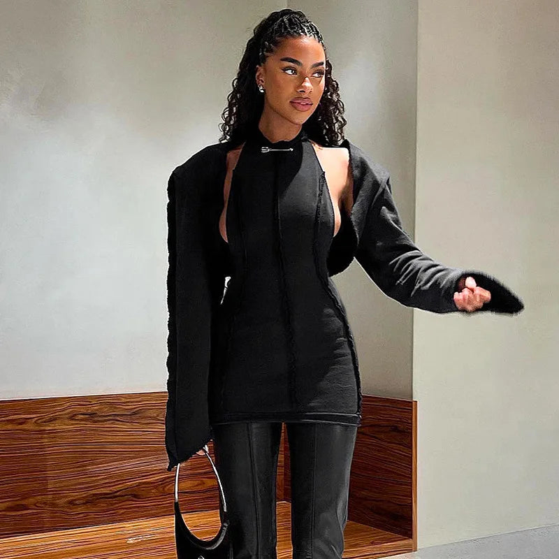 Black 2 Piece Suits for Women Long Sleeve Cardigan and Halter Mini Dress Sets Sexy Clubwear Outfits Women