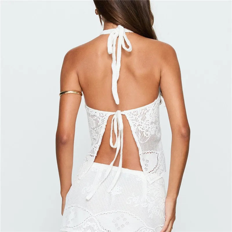 Sheer Floral Lace Halter Crop Top Women Open Back Tie Knot Sleeveless Mesh Hollow Out Camisole Sexy Beach Cover Ups