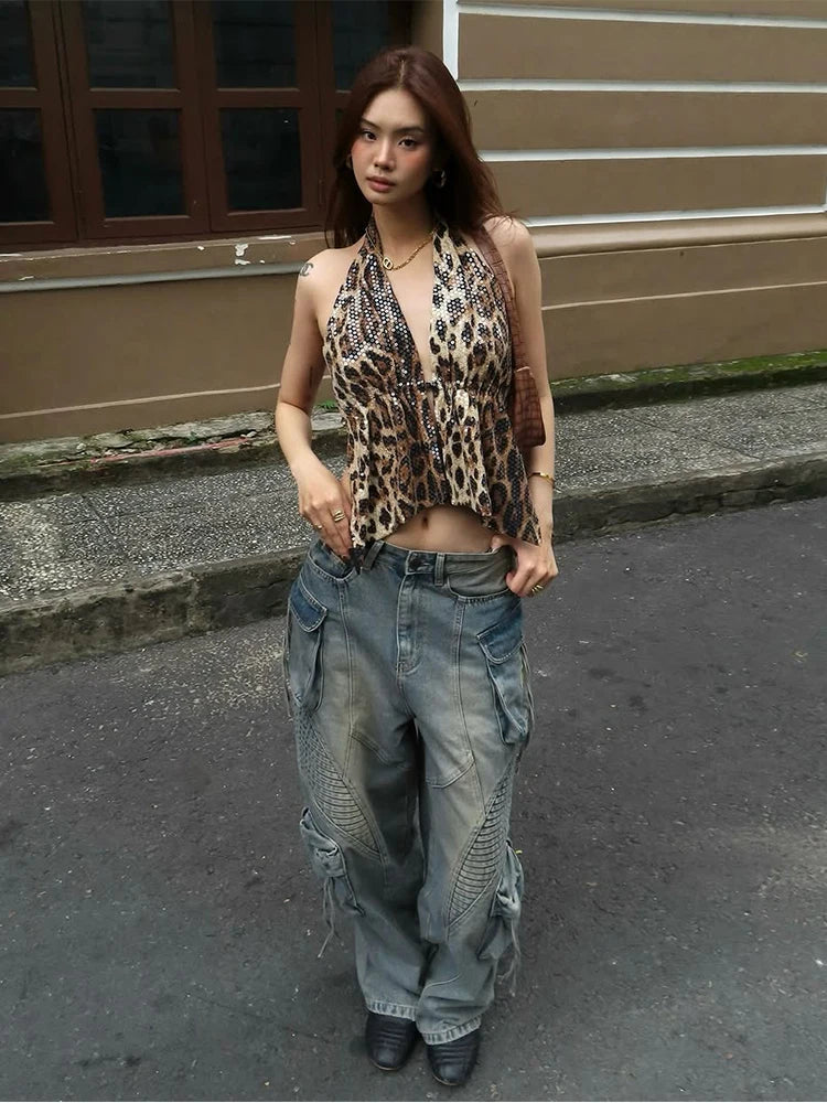 Leopard Sequins Women Vest Y2K Backless Halter V-Neck Lace-Up Sleeveless Street Skinny Wild Summer Trend Tank Tops