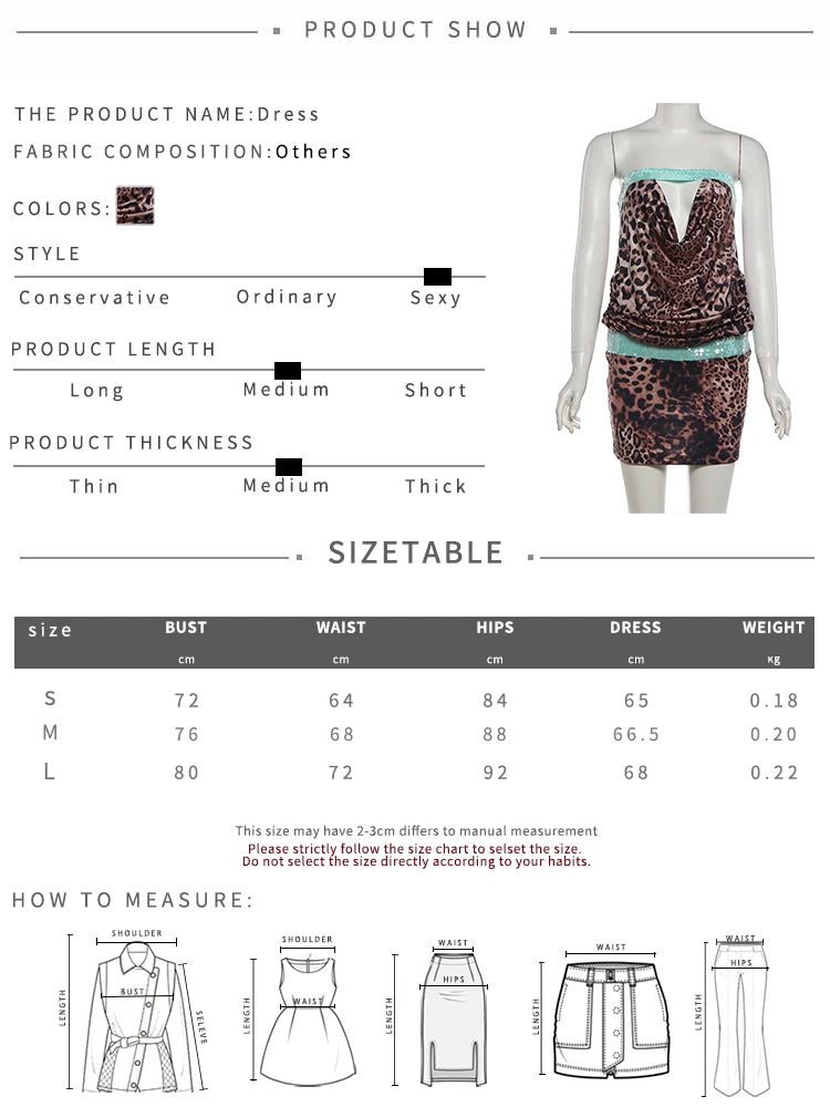 Sequins Patchwork Mini Dress Woman Leopard Print Wrap Chest Backless Skinny Peach Hip Street Wild Fashion Bodycon