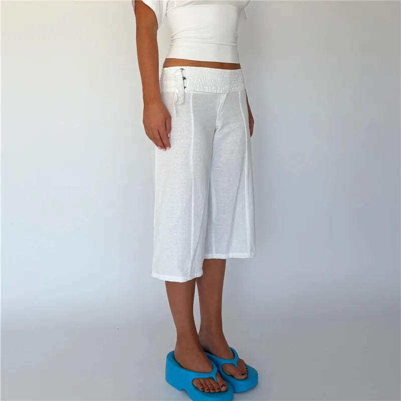 Women Y2K Low Waist Lace‑Up Linen Blend Culottes Solid Cropped Wide Leg Capri Pants With Pockets Casual Bottoms