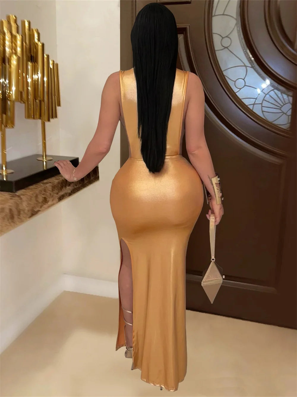 Silky Sexy Dress Women Sleeveless Waistless Metal Button Ribbon Ruched Side Split Party Midnight Club Wedding Bodycon