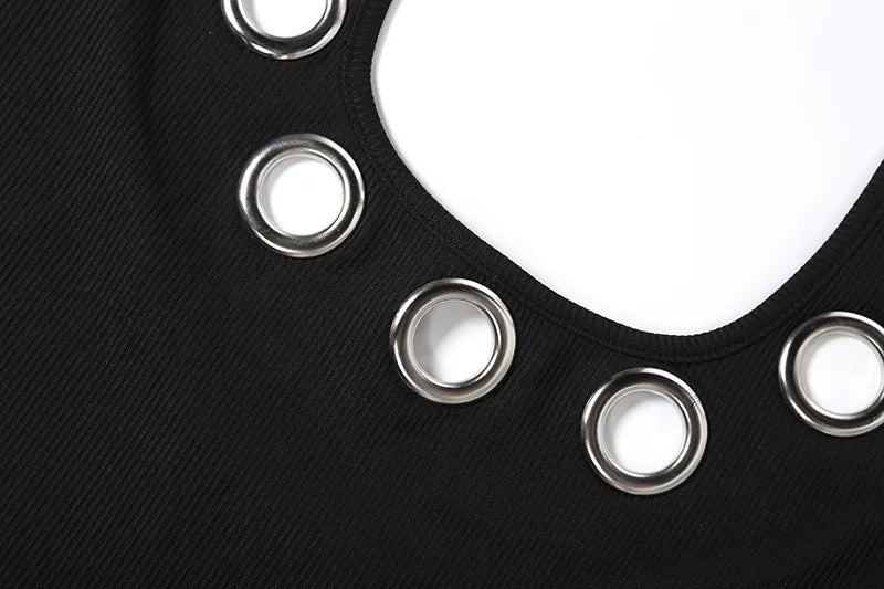 Eyelets Decor Halter Backless Mini Dresses for Woman 2026 Sexy Club Outfits Black Bodycon Dress