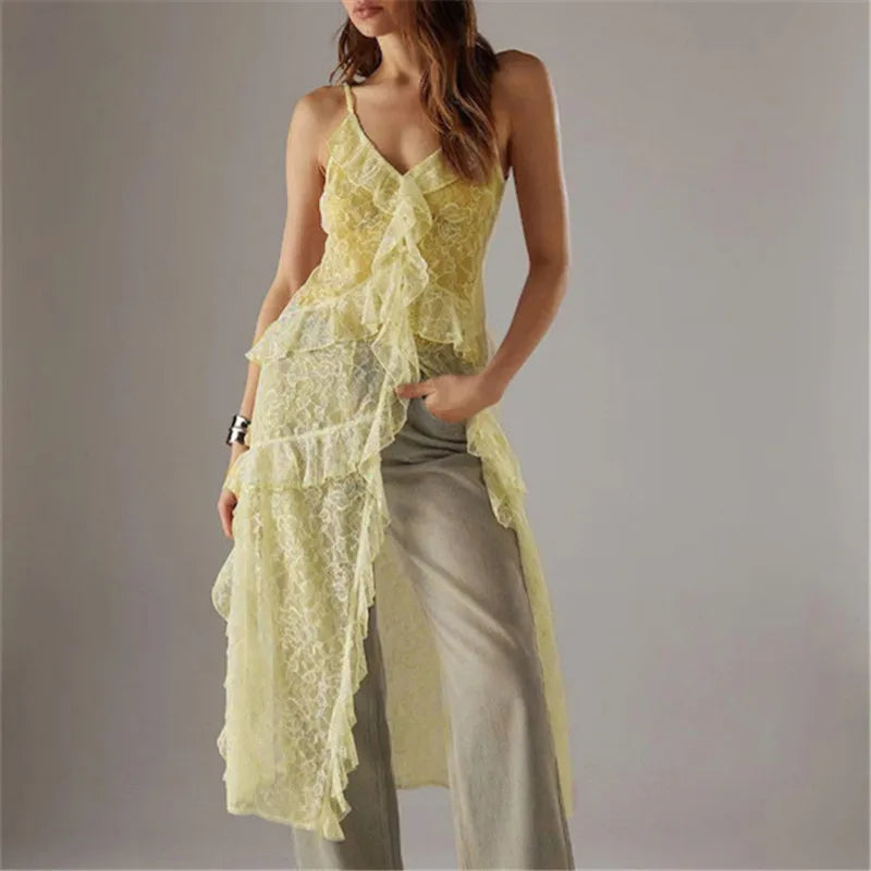 Women Split Front Sheer Flowy Long Cami Shirt Tank Top Sleeveless Spaghetti Strap Maxi Dress See Thru Beach Cover up