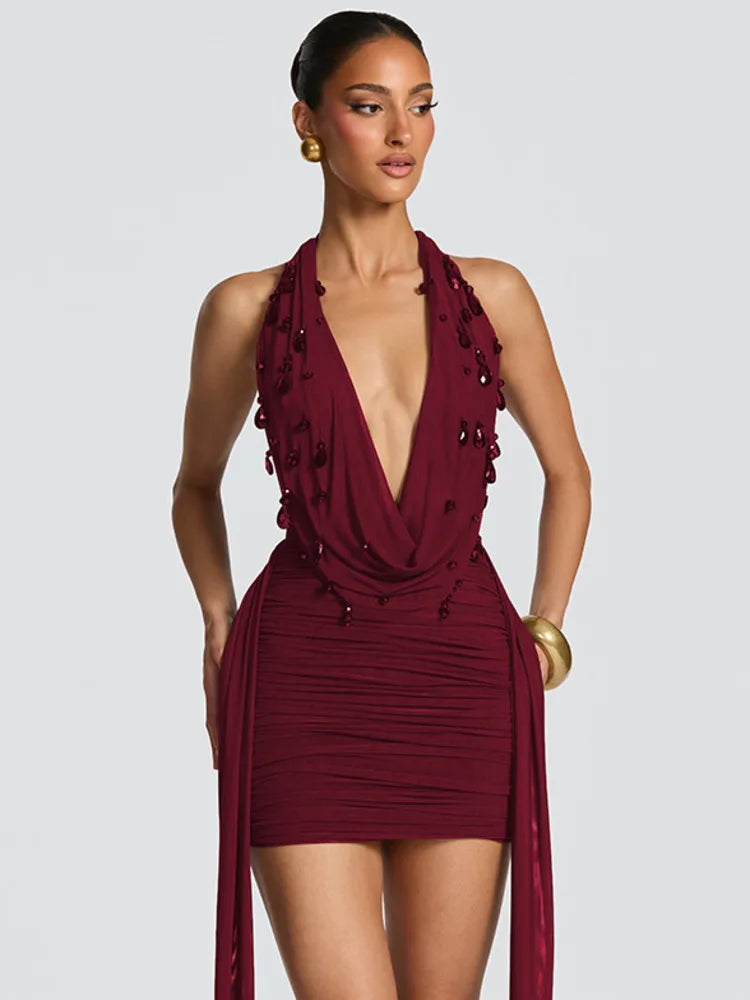 Halter Deep V Neck Backless Sexy Mini Dress Women Teardrop Crystals Off-shoulder Draped Ruched Skinny Club Party Dress