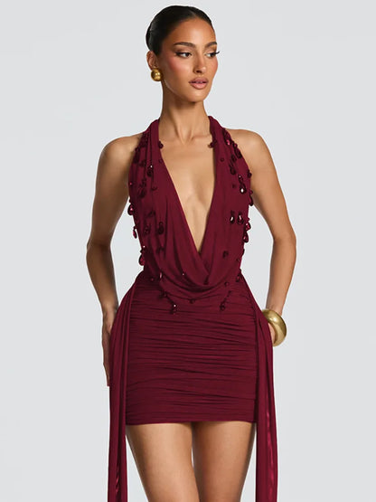 Halter Deep V Neck Backless Sexy Mini Dress Women Teardrop Crystals Off-shoulder Draped Ruched Skinny Club Party Dress