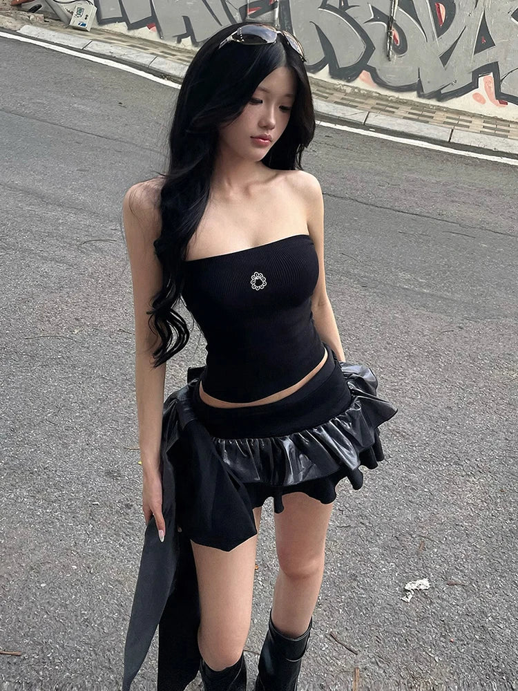 Big Bow Tassel Skirts Women Patchwork Leather Sexy Midnight Hottie Summer Trend Street Party Hipster Tierred Bottom