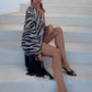 Sexy Tassel Patchwork Dress Women Elegant Zebra Stripes Skew Collar Off-Shoulder One Puff Sleeve Trend Party Bodycon