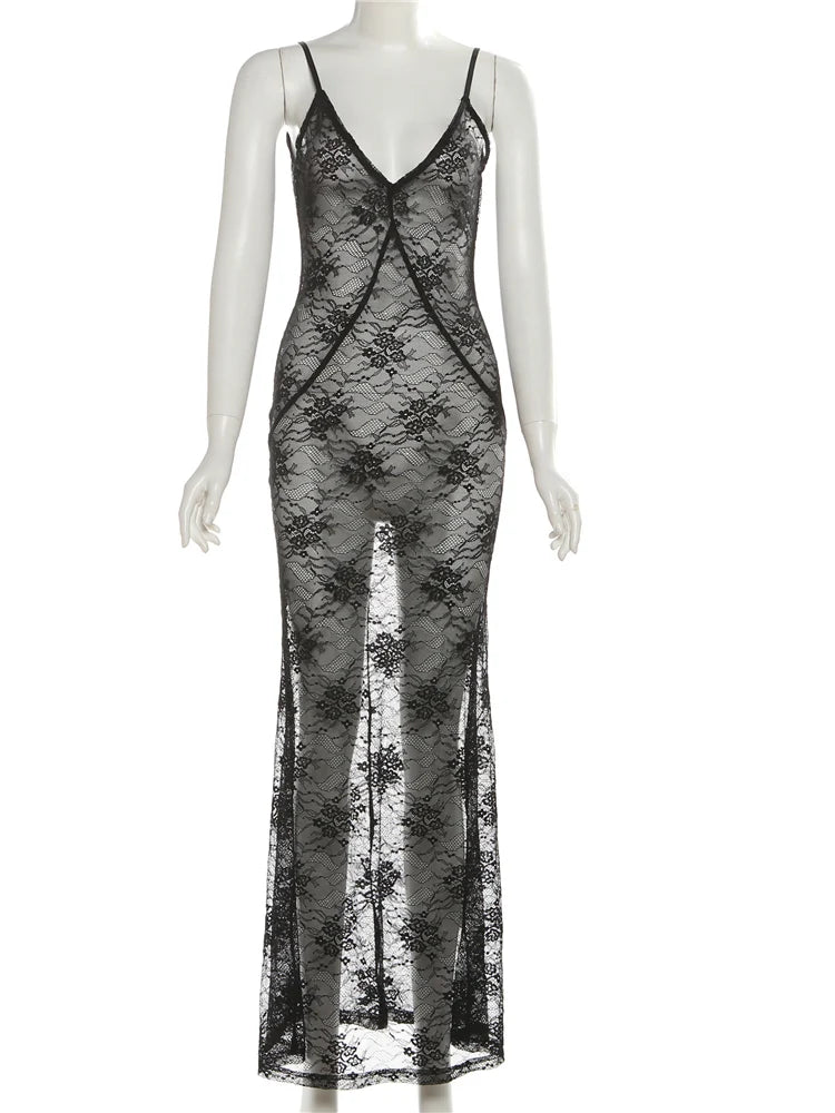 Coquette Sexy Dress Women Jacquard Backless Midnight Party Patchwork Beach Vacation Mesh Sleeveless Clubwear Bodycon