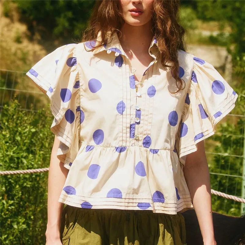 Loose Casual Short Sleeve Button up Shirts V-Neck Polka Dot Print Women's Shirt Korean Style Babydoll Blouse
