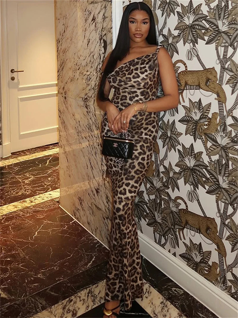 Swing collar Dress Women Sexy Leopard Print Slanted Shoulders Midnight Party Clubwear Stretch Skinny Long Bodycon