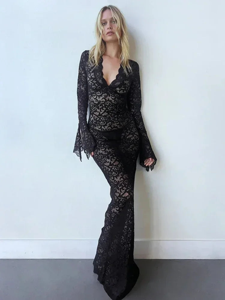 See Through Lace Sexy Deep V Neck Flared Sleeve Long Dresses for Women 2024 Weddings Party White Black Dress