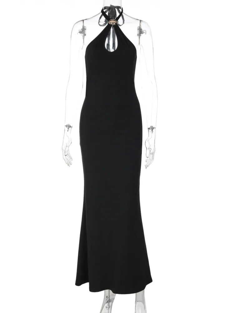 Black Halter Sexy Maxi Dress Women Elegant Gold Ring Off-shoulder Sleeveless Backless Bodycon Club Party Long Dresses