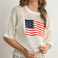 Women's Short Sleeve Crochet Knit Sweater Round Neck American Flag Graphic Pullover Loose Fit Summer Knitwear