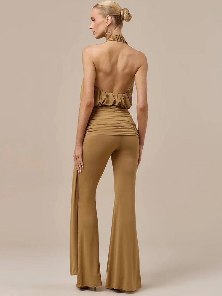 Halter Deep V Neck Sexy Jumpsuit Women Elegant Sleeveless Backless Draped Ruched Waist Skinny Club Party Dresses