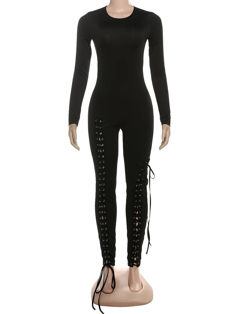 Sexy Fall Jumpsuits Women Diy Shirring o-Neck Full Sleeve Midnight Party Club Stretch Activity Fitness Slim Overalls