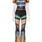 Fashion Patchwork 2 Piece Set Women Mesh See Through Tops+Flame Print Skinny Pants Hot Girls Sexy Hipster Outfits