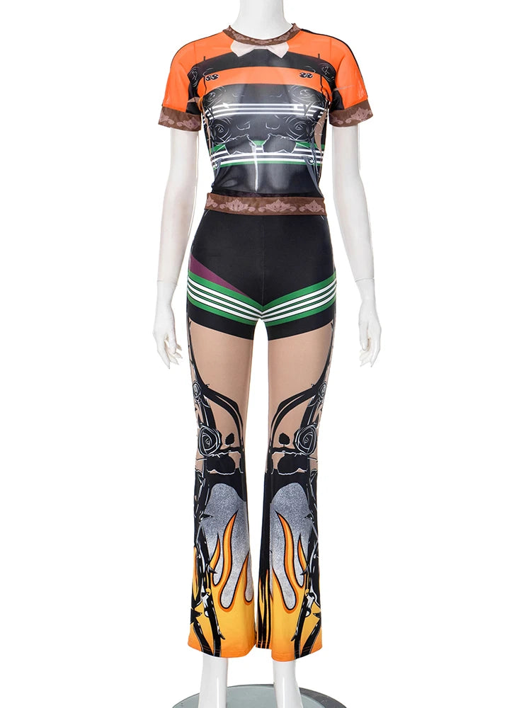 Fashion Patchwork 2 Piece Set Women Mesh See Through Tops+Flame Print Skinny Pants Hot Girls Sexy Hipster Outfits