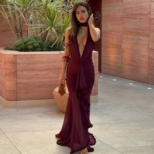 See Through Mesh Patchwork Sexy Party Dresses Burgundy Black Deep V Neck Backless Fishtail Maxi Dress