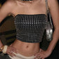 Rhinestone Applique Tank Tops Women Hottie Chic Halter Backless Patchwork Stretch Coquette Midnight Party Clubwear