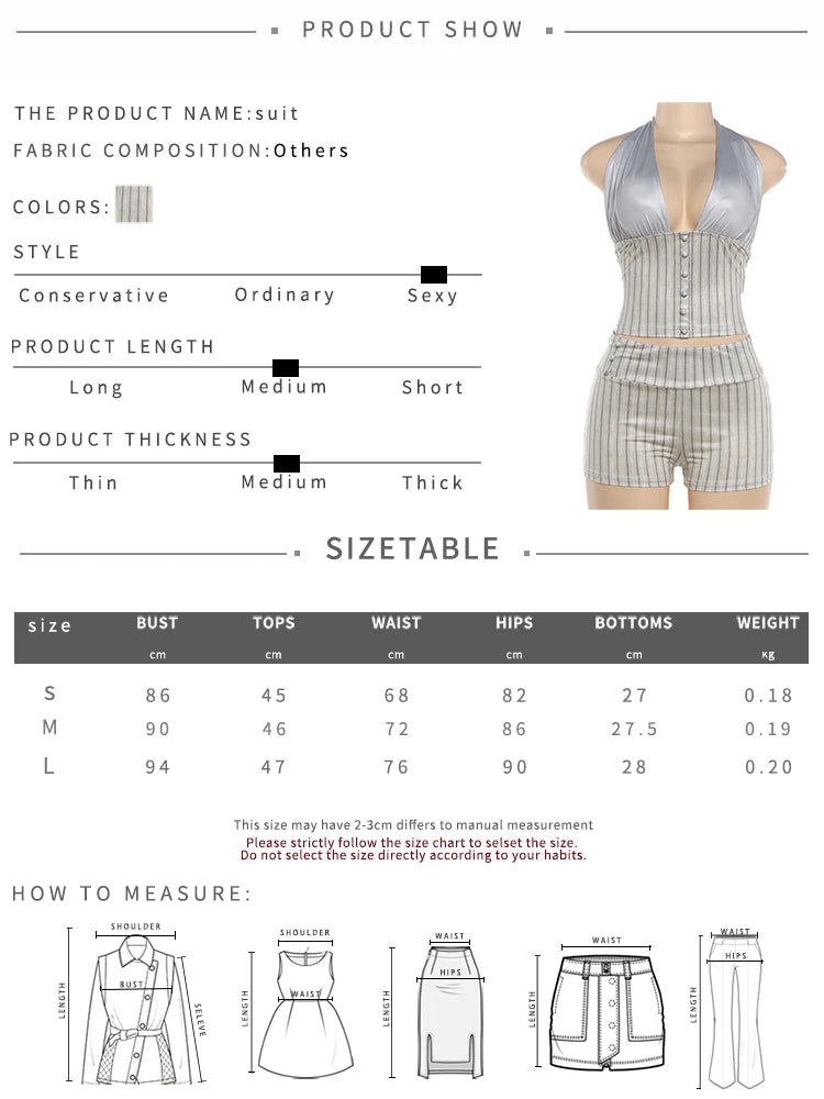Casual Fashion 2 Piece Set Woman Halter Low-Neck Backless Single-Breasted Tank Tops+Skinny Mini Shorts Streetwear