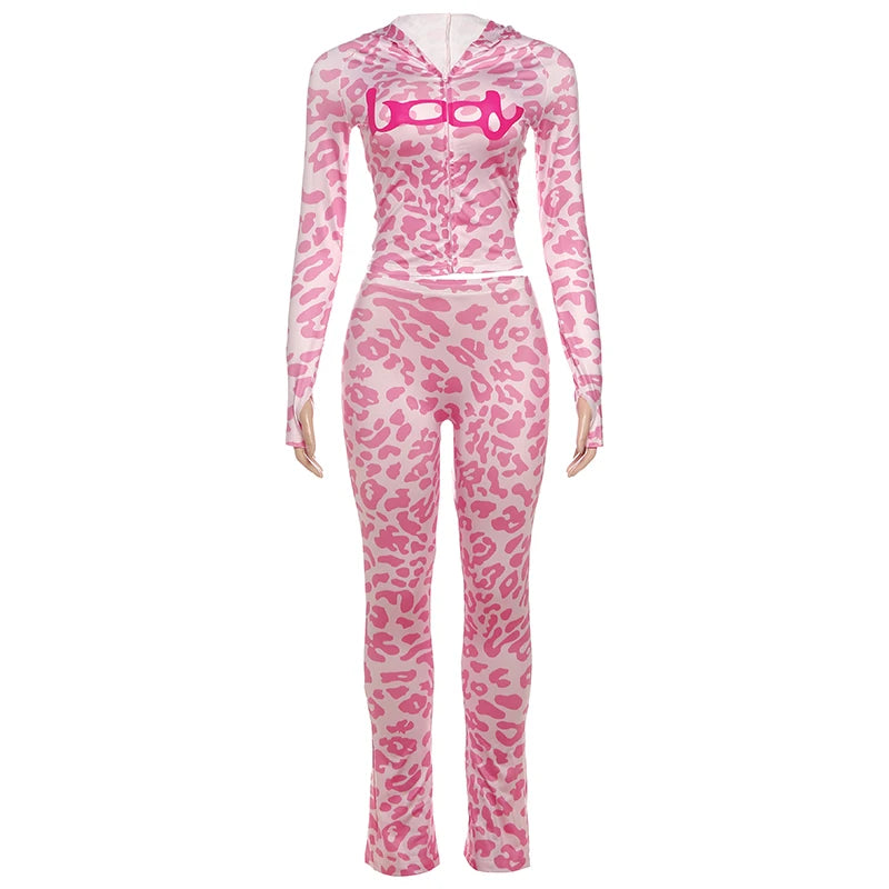 Leopard Tracksuit 2-Piece Set Women Letter Print Zip Hooded Crop Jacket+Leggings Casual Stretch Sporty Street Outfits