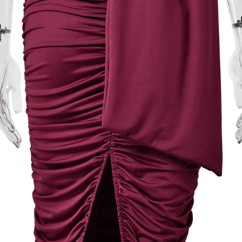 Draped Halter Neck Ruched Midi Dress Woman for Birthday Pictures Elegant Burgundy Party Dresses