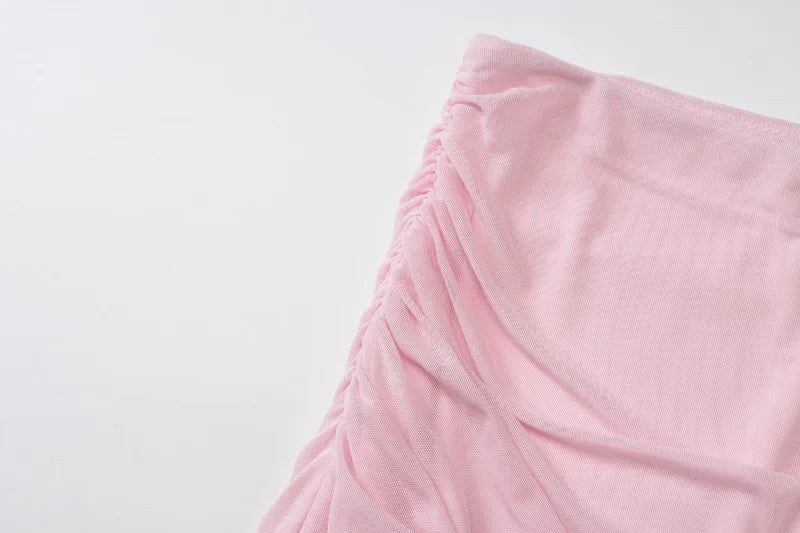 Pink Mesh Tube Top Long Skirt Suit Two Piece Set Woman Elegant Sexy Wedding Guest Outfit