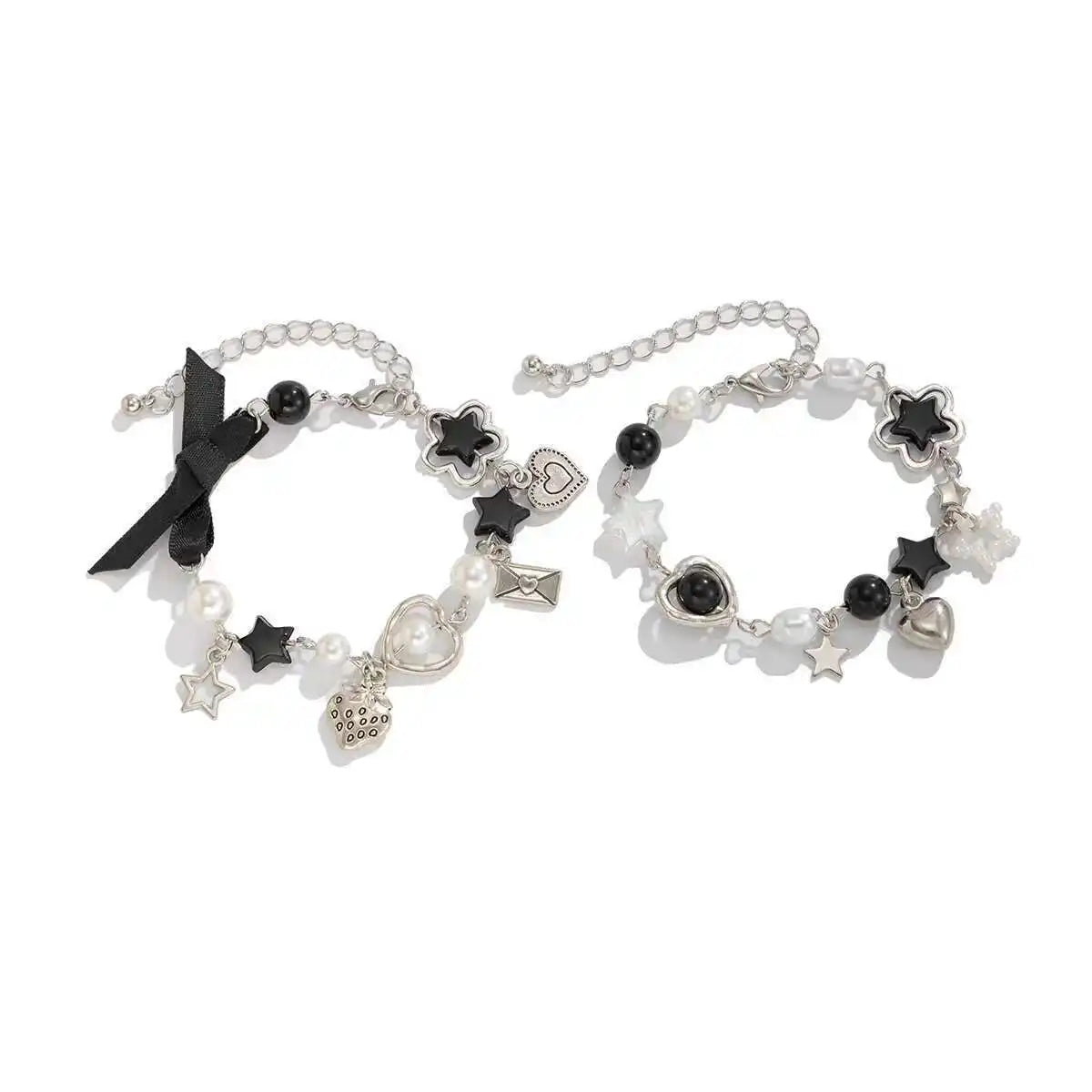 2Pcs/Set Aesthetic Ribbon Imitation Pearl Bracelets for Women Beads Acrylic Star Pendant Bangles Wedding Jewelry New