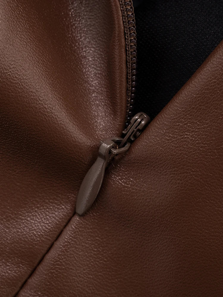 PU 2-Peice Set Women Turn-Down Collar Waistless Shawl+Zip Ribbon Skinny Peach Hip Skirt Matching High Street Sexy Outfits