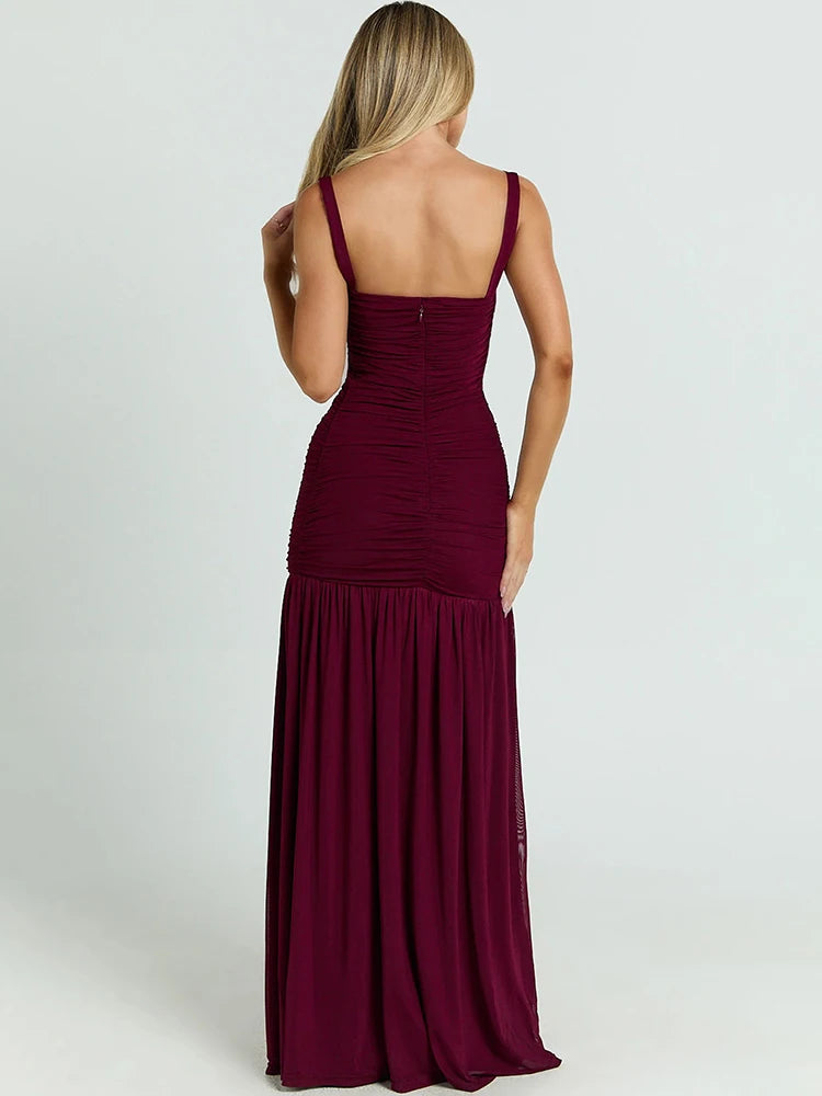 Women Spaghetti Strap Square Neck Maxi Dress Ruched Bodycon High Split Long Dress Elegant Evening Party Prom Dresses