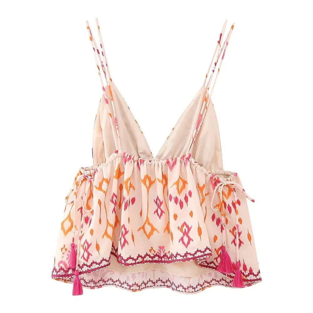 Boho Beach Floral Print Embroidery Camis for Women Tops Casual Deep V Neck Sleeveless Backless Tassel Strap Top Summer