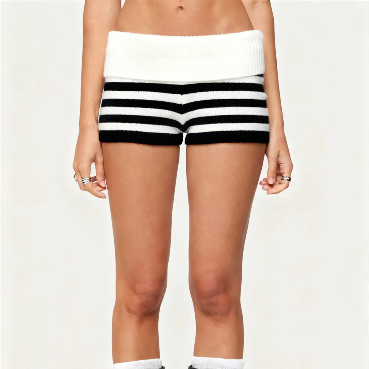 Women Y2k Knit Mini Shorts Striped Foldover Low Waist Elastic Slim Fit Vintage Going Out Micro Bottom Streetwear
