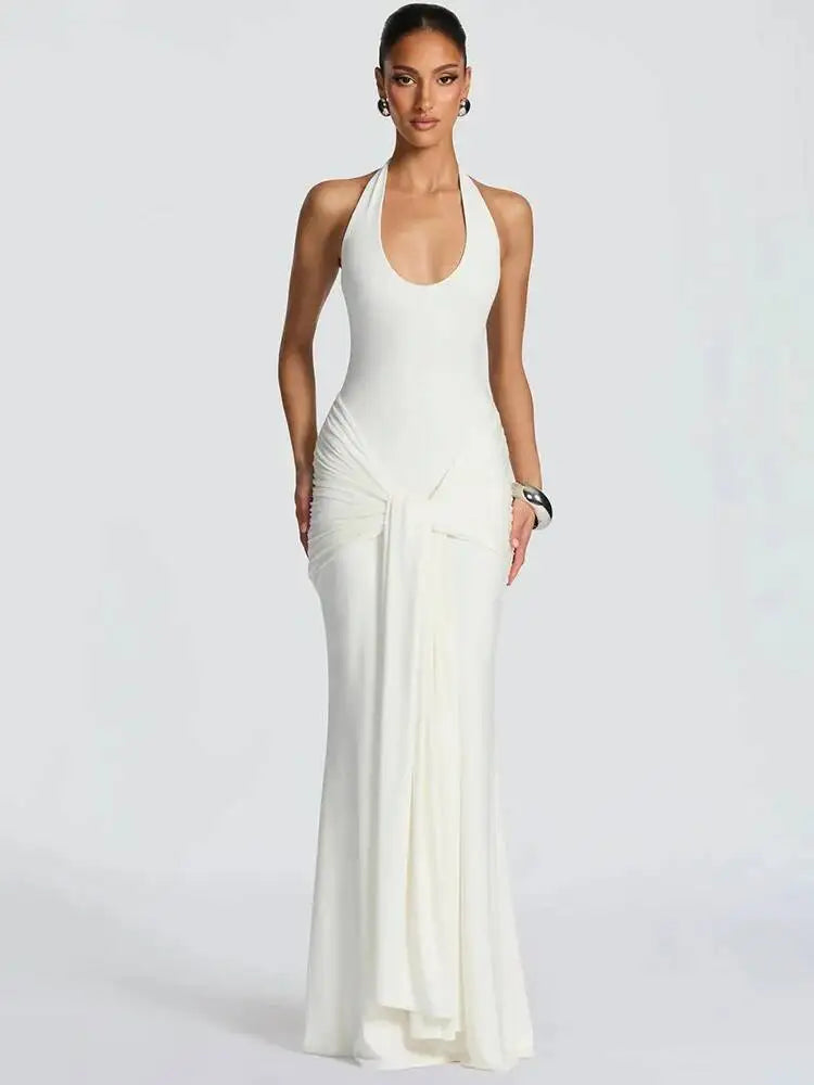 Halter Backless Sexy Maxi Dress Women Elegant V Neck Sleeveless Draped Ruched Bodycon Club Party Long Dress Female