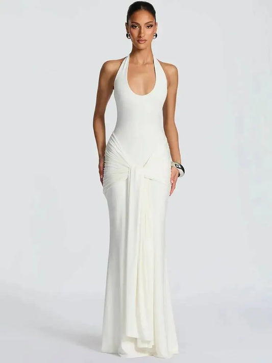 Halter Backless Sexy Maxi Dress Women Elegant V Neck Sleeveless Draped Ruched Bodycon Club Party Long Dress Female