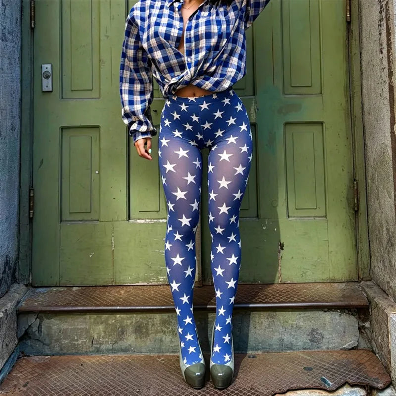 Women Semi Sheer Mesh Printed Tights Footed Pantyhose High Waist Seamless Patterned Stockings Y2K Street Party Hosiery