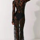Womens Y2K Sheer Lace Maxi Dress Long Sleeve See Through Mesh Floral Lace Split Bodycon Dress Beach Coverups Party Dress