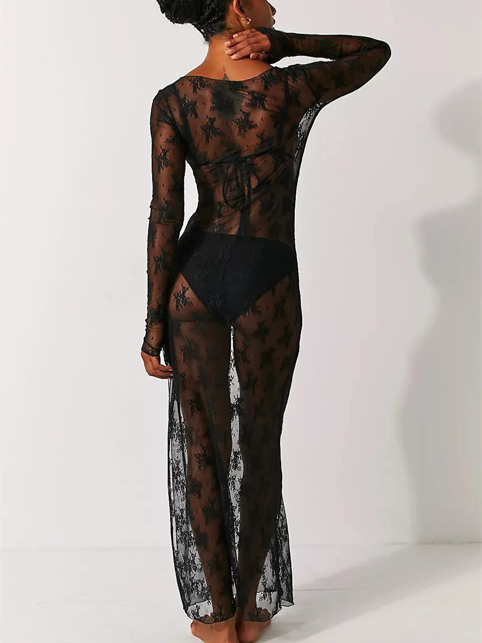 Womens Y2K Sheer Lace Maxi Dress Long Sleeve See Through Mesh Floral Lace Split Bodycon Dress Beach Coverups Party Dress