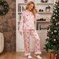 Cute Christmas Women Silky Satin Pajama Set Feather Trim Cuff Long Sleeve Lapel Top Long Pants Xmas Print Sleepwear