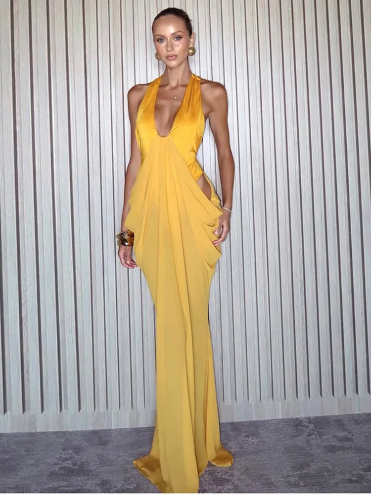 Deep V Neck Backless Sexy Maxi Dress Women Summer Elegant Halter Off-shoulder Sleeveless See Through Beach Club Dress