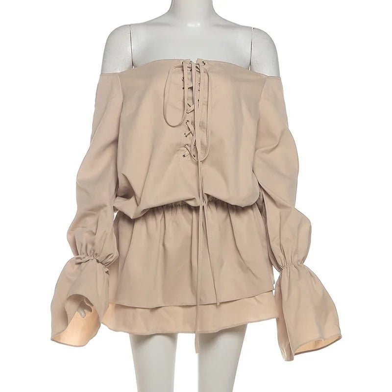 Lace Up Off Shoulder Long Sleeve Mini Dress Boho Loose Dresses for Woman Clothes Fall 2025