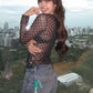See Through t-Shirt Women Polka Dot Print Single-Breasted Full Sleeve o-Neck Music Festival Fashion Hottie Streetwear