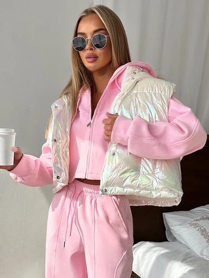 Casual Hooded Zip Crop Tank Tops Women Warm Shirring Hem Metal Buckle Basic Street Quilted Warm Stree Vest Jacket