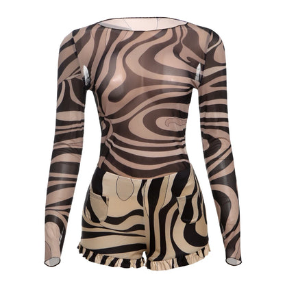 Sexy 2 Piece Set Women Summer Hipster Mesh Bodysuit Tops+Ruffles Shorts Matching Streetwear Skinny Stretch Outfits