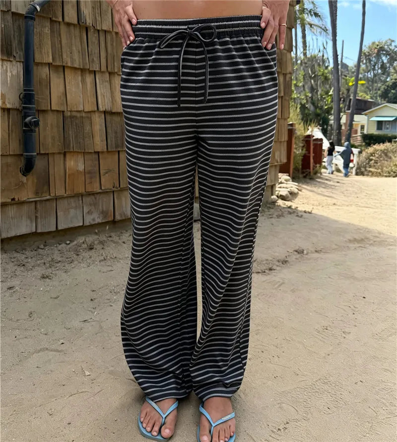 Women Ruffle Drawstring Elastic Waist Striped Wide Leg Pants Soft Loose Lightweight Beach Casual Daily Wear Trousers